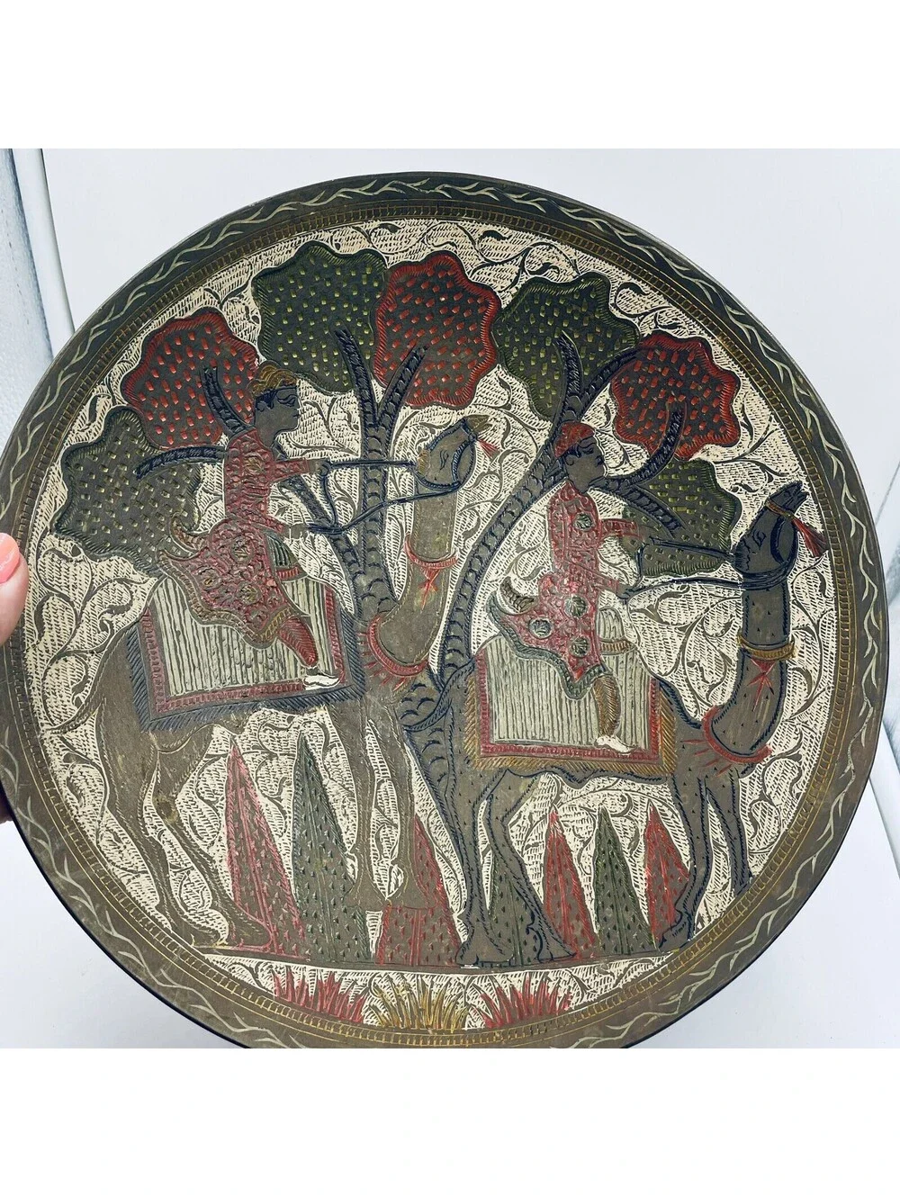 Vtg 11” Indian Hand Painted Brass Wall Charger Plates Camel Snake Boho Decor 2pc